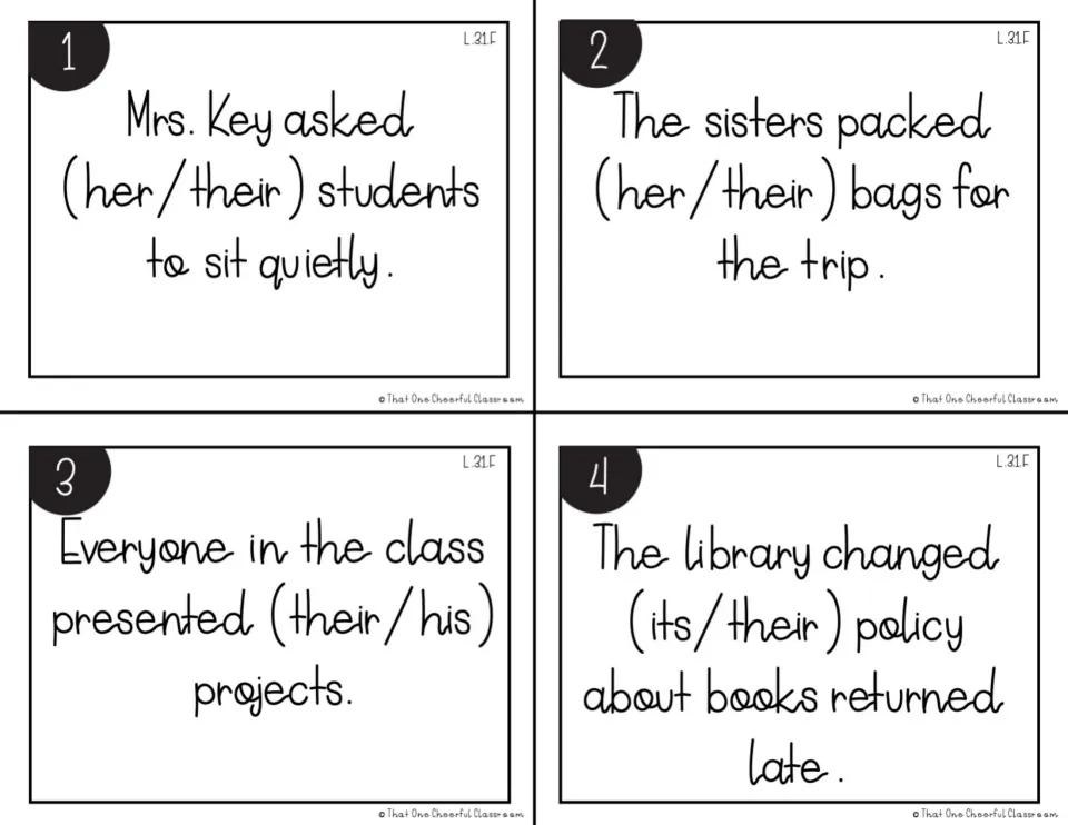 Black-and-white cards 1-4: students choose her/their, their/his or its/their to agree with Mrs. Key, sisters, library