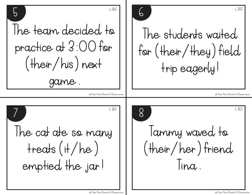 Printer-friendly cards 5-8 in black and white: choose the pronoun that agrees with the team, students, cat and Tammy