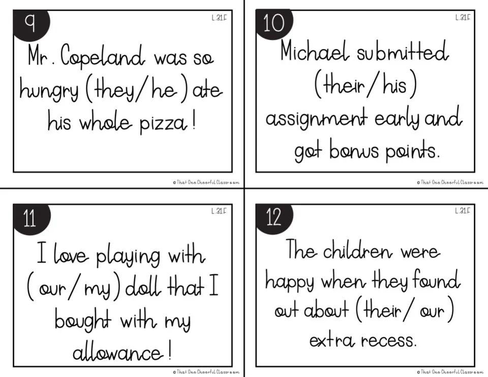Black-and-white cards 9-12: pick the pronoun that agrees with Mr. Copeland, Michael, the speaker and the children