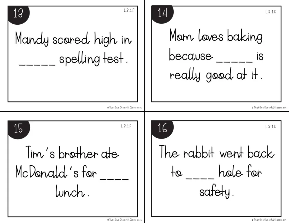 Black-and-white fill-in cards 13-16: write a pronoun to agree with Mandy, Mom, Tim's brother and the rabbit
