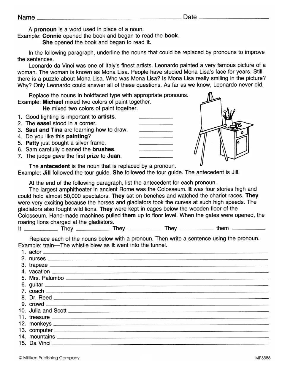 Replacing nouns with pronouns: students underline nouns in a Mona Lisa paragraph and name antecedents in a Colosseum text
