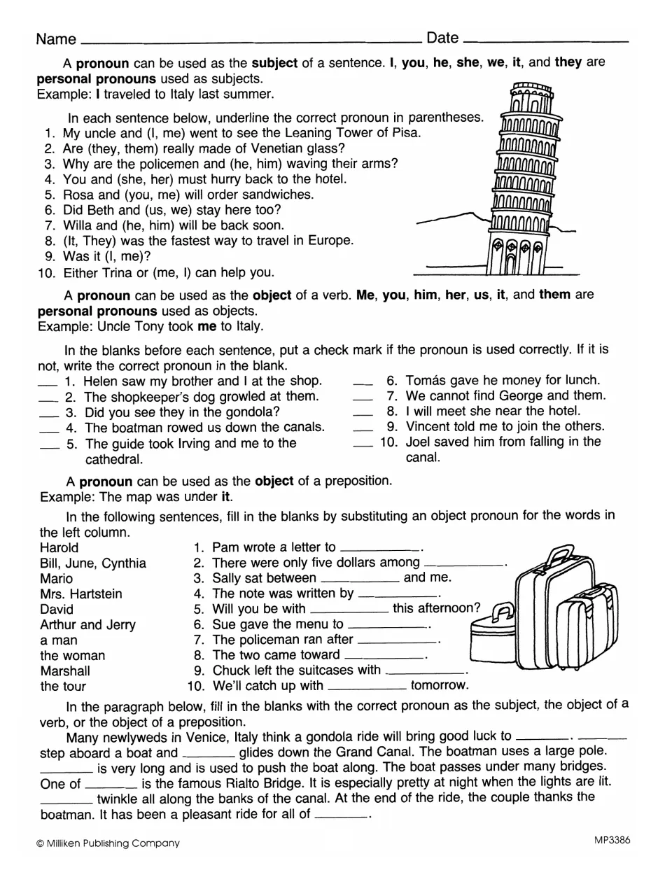 Subject and object pronouns: students pick the correct pronoun, fix errors and fill blanks in Italy-themed sentences