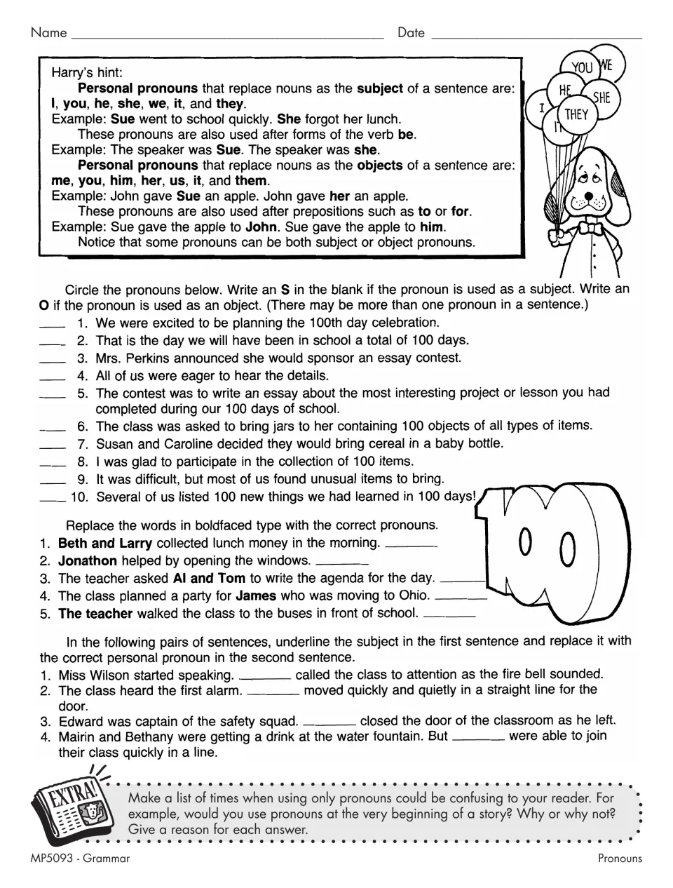 Subject or object pronoun: students mark S or O in 100th-day sentences and replace bold nouns with personal pronouns