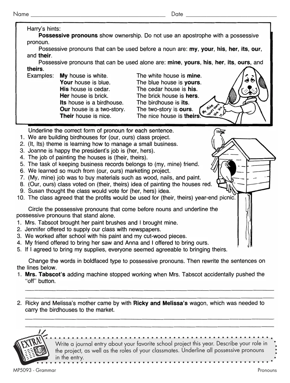 Possessive pronouns: students underline the correct form, circle or underline possessives and rewrite bold phrases
