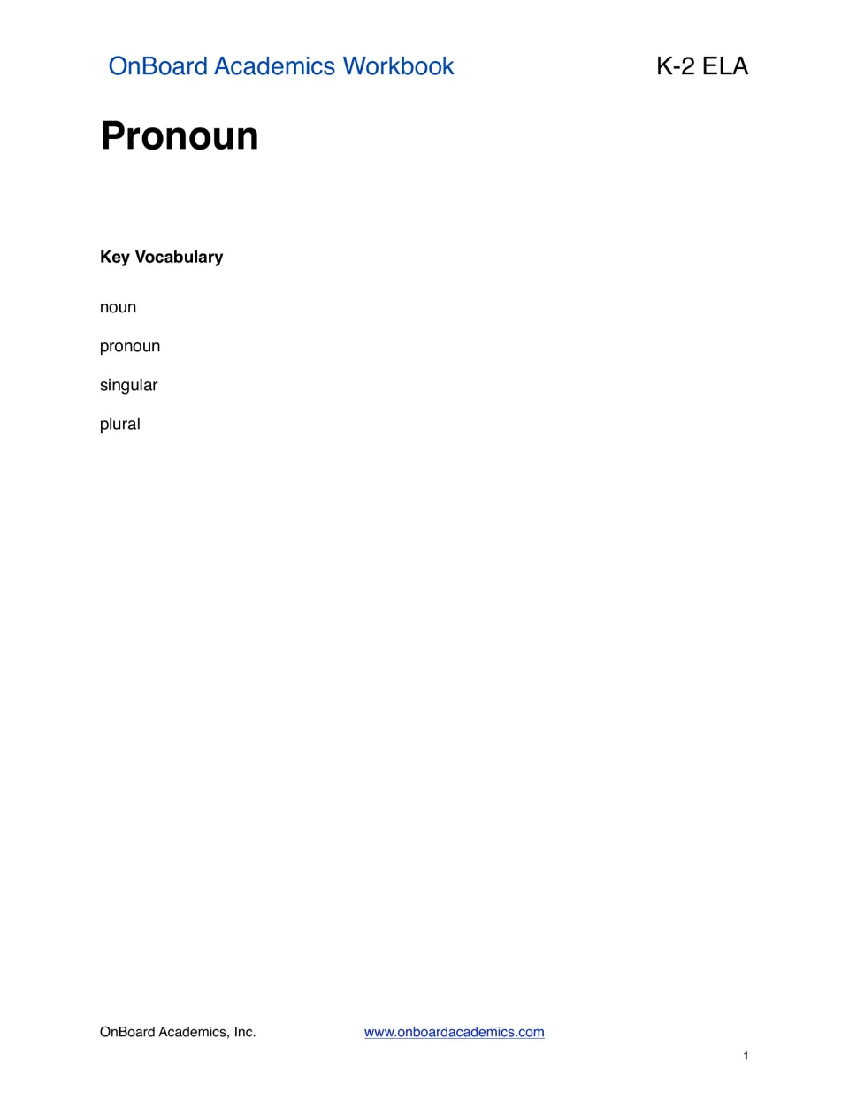 Pronoun section opener introducing the key vocabulary words noun, pronoun, singular, and plural