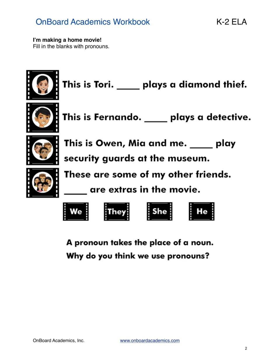 Home movie pronoun practice asks students to fill four blanks using We, They, She, and He for cast members
