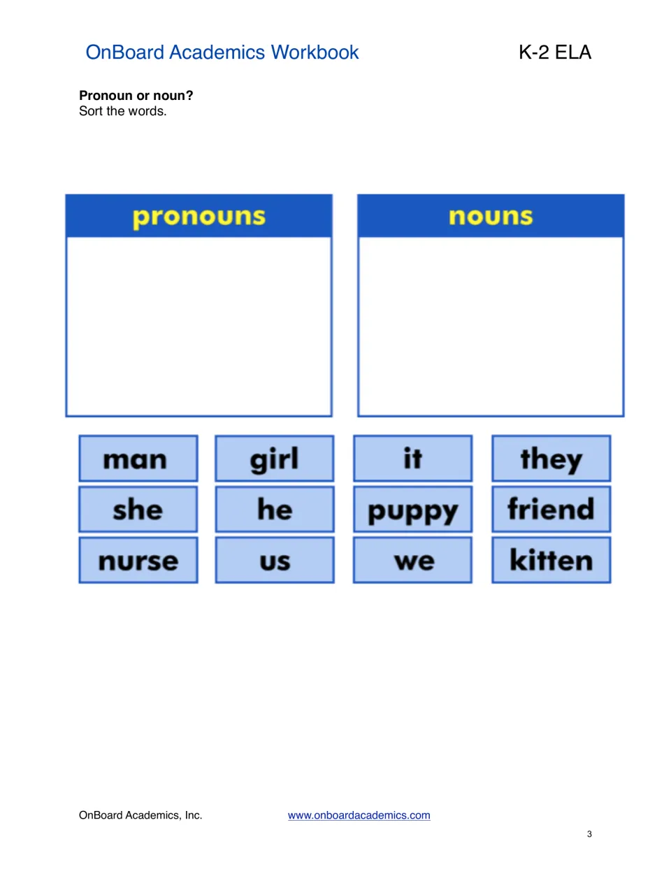 Pronoun and noun sorting practice uses 12 words, including man, girl, it, they, she, he, puppy, and friend