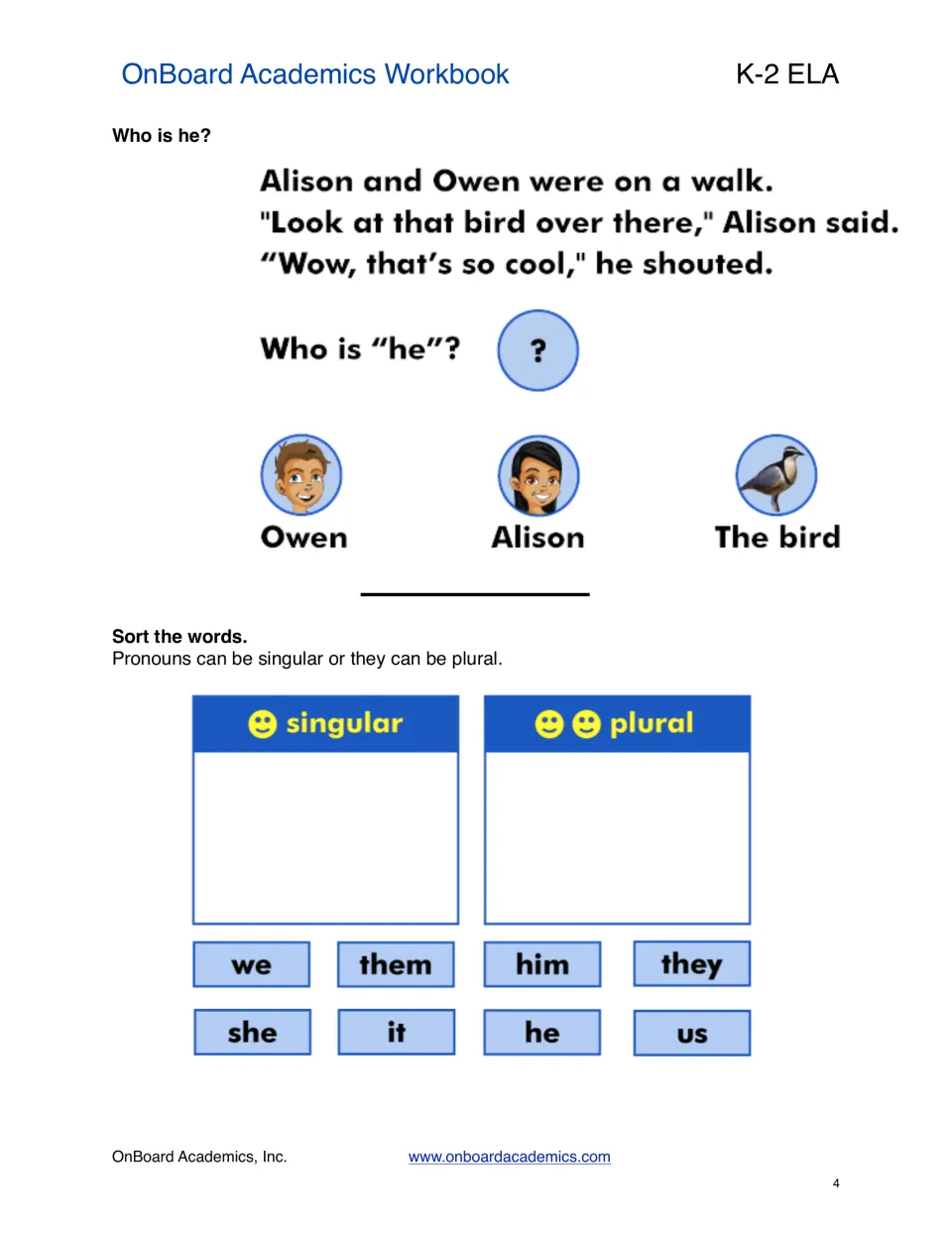 Pronoun practice asks who he refers to in a story about Alison and Owen, then sorts eight pronouns by number