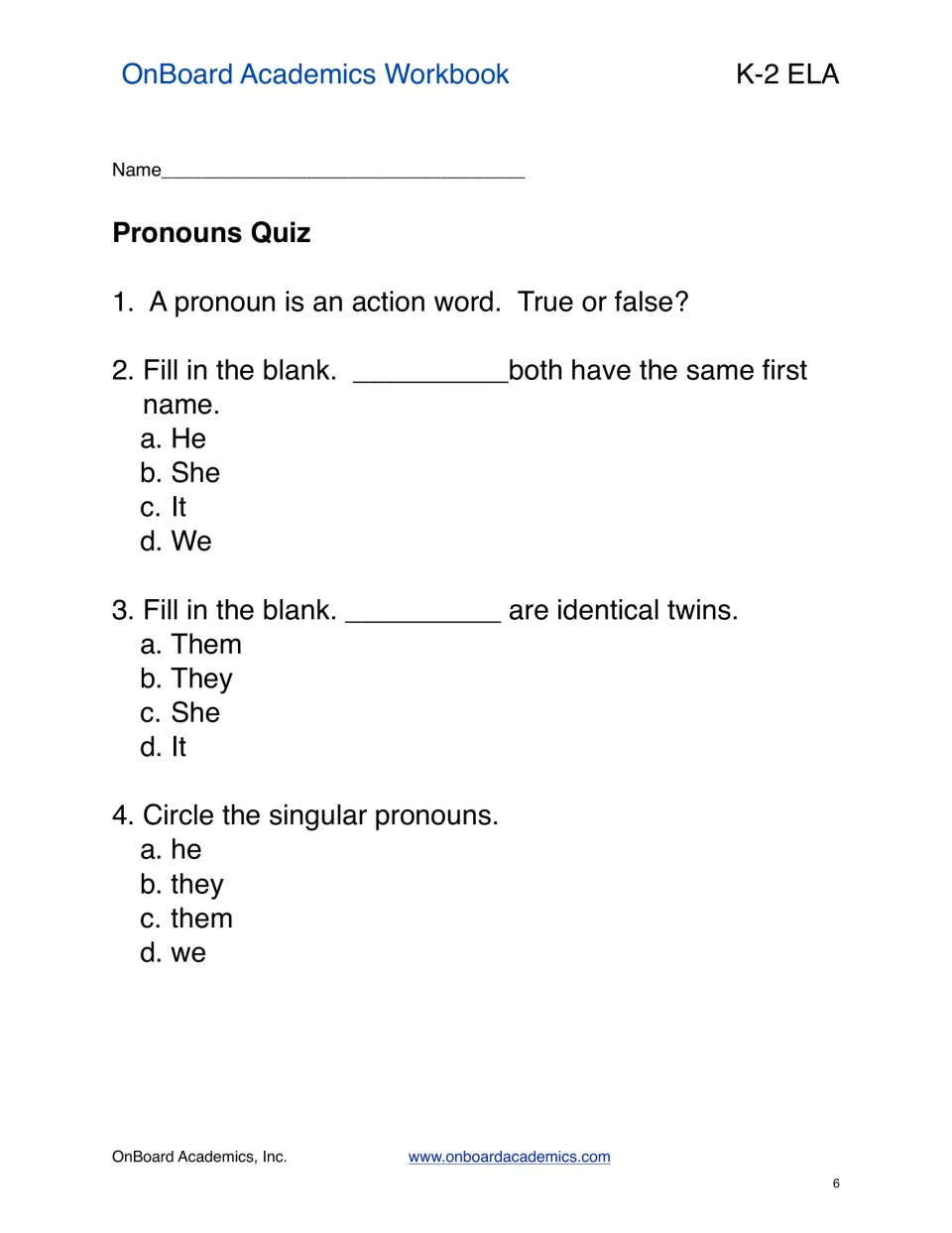 Four-question pronoun quiz checks the definition, choosing We and They in sentences, and singular pronouns
