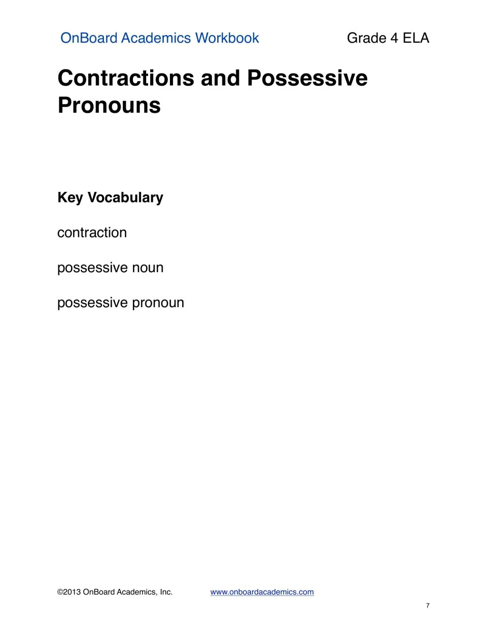 Contractions and possessive pronouns section opens with vocabulary: contraction, possessive noun, possessive pronoun