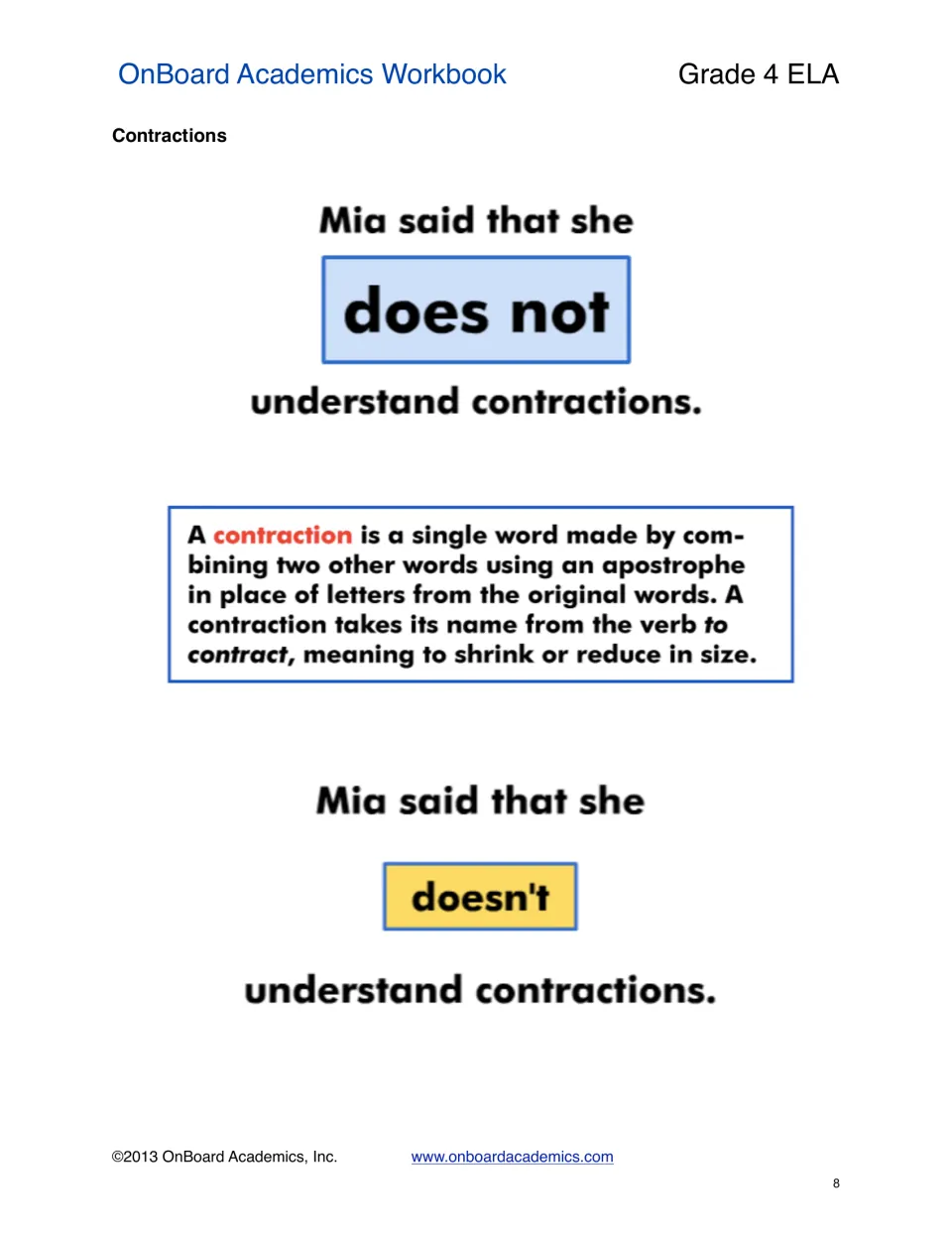 Contractions lesson defines how words combine and shows does not becoming doesn't in a sentence about Mia