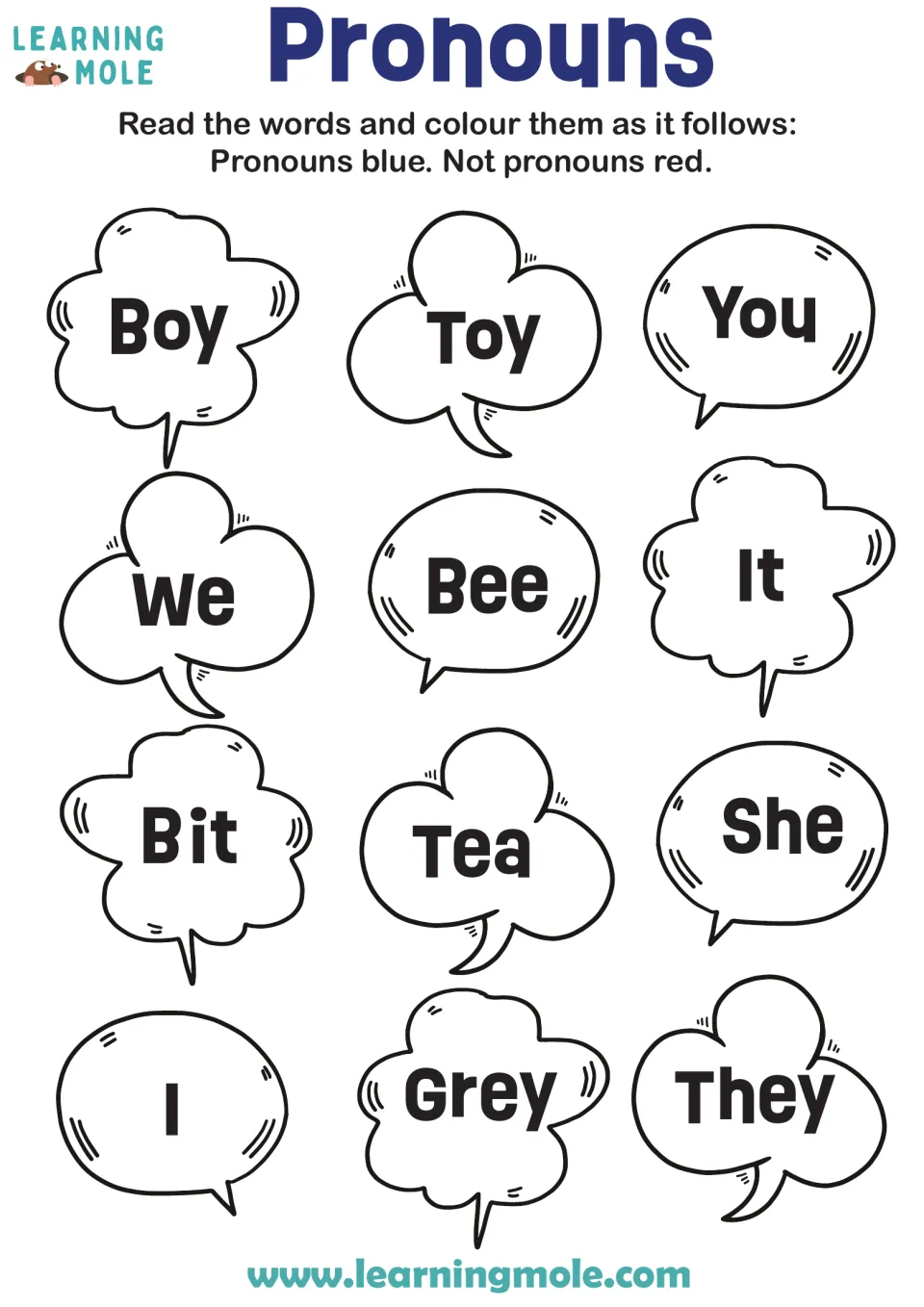 Identifying pronouns: students color 12 words, with pronouns like You, We, She and They blue and words like Toy red