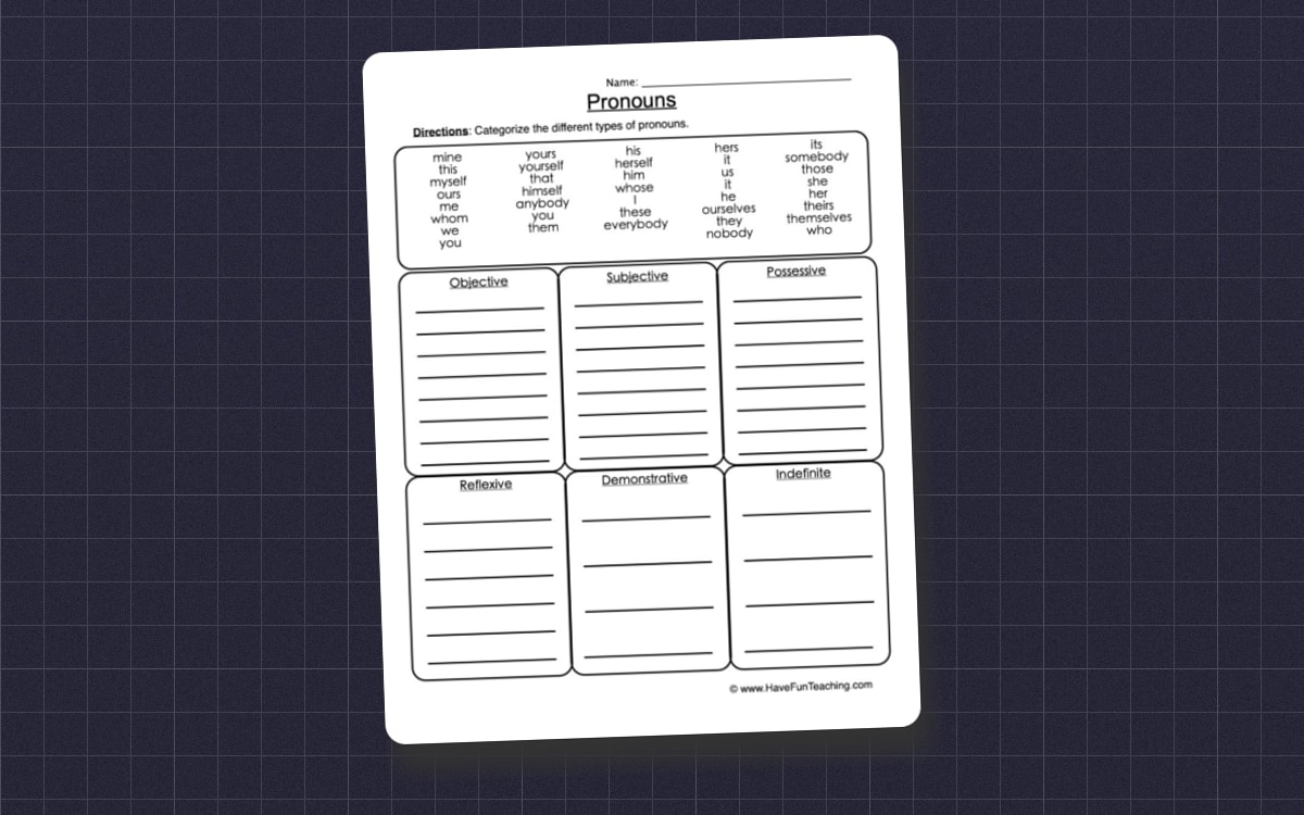 Pronouns Sorting Worksheet preview: A mixed bank of pronouns to classify