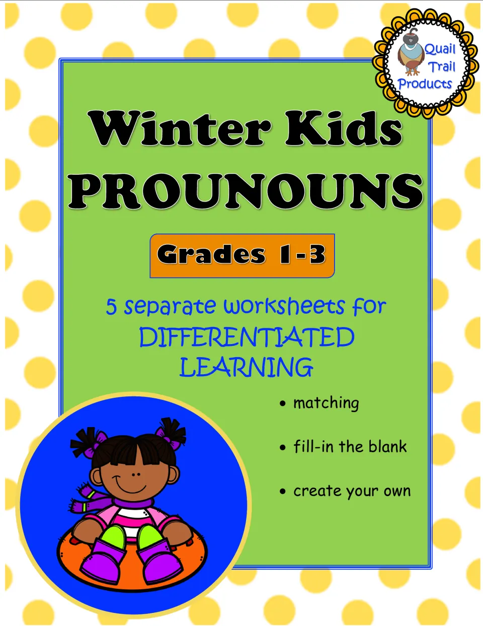 Cover for winter pronoun practice in grades 1–3, listing five worksheets for differentiated learning