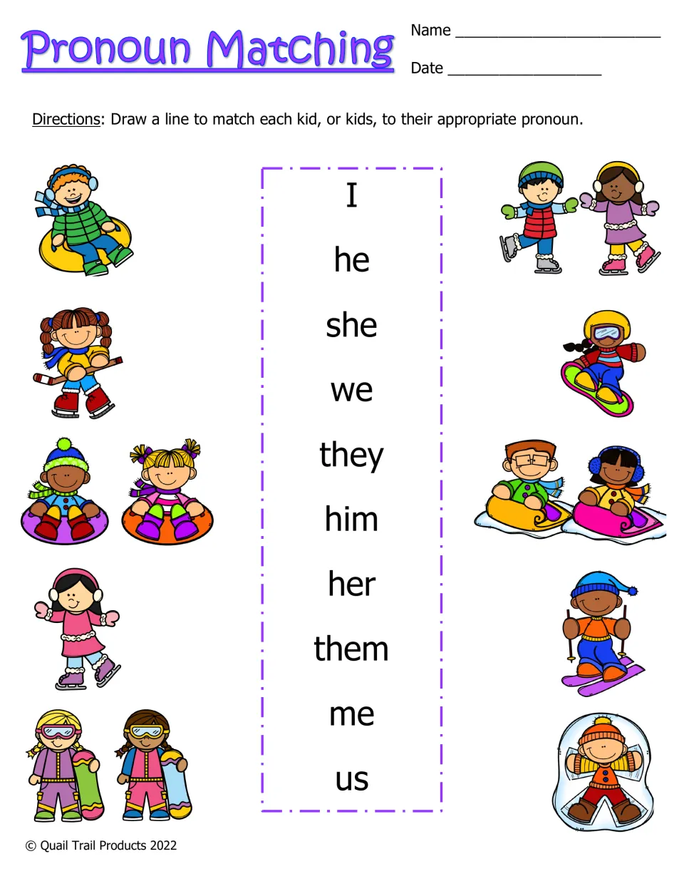 Pronoun Matching activity: match winter campers to I, he, she, we, they, him, her, them, me, and us