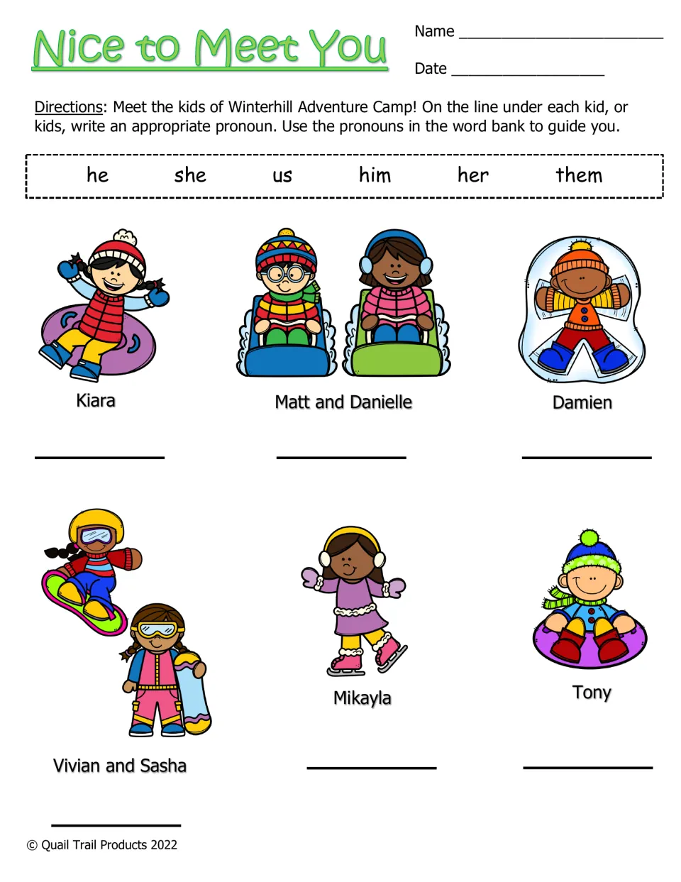 Nice to Meet You activity: write pronouns for six named camper pictures using he, she, us, him, her, them