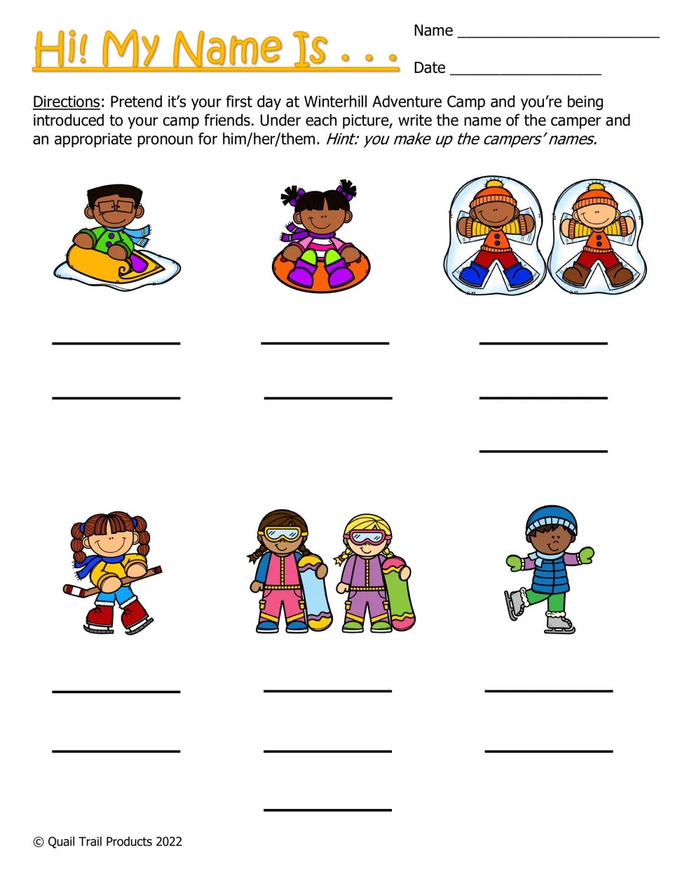 Hi! My Name Is activity: invent camper names and write an appropriate pronoun for each of six pictures