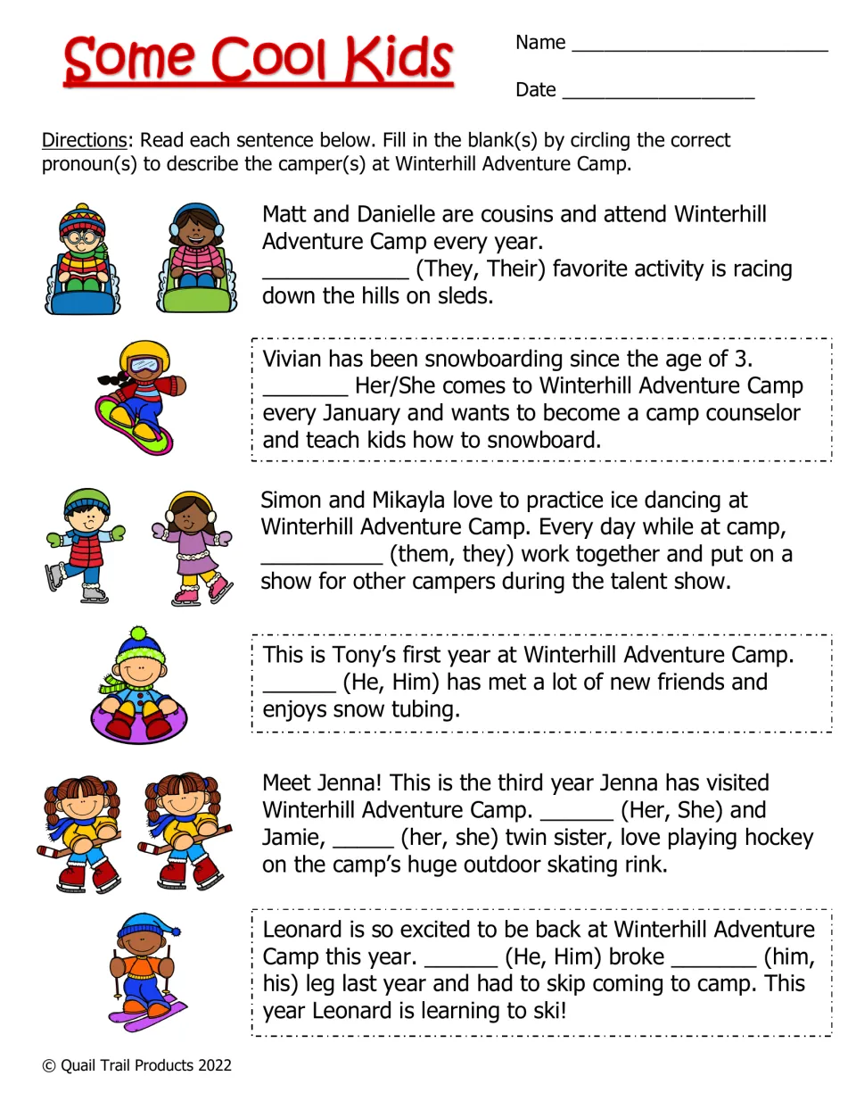 Some Cool Kids activity: choose pronouns to complete six passages about campers sledding, skating, and more