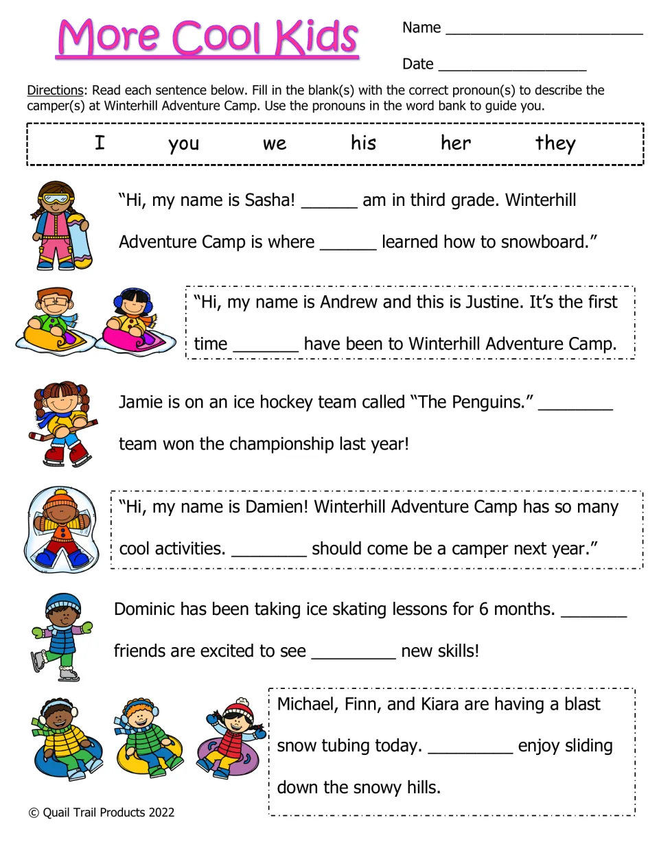 More Cool Kids activity: complete six camper passages using the pronoun bank I, you, we, his, her, they