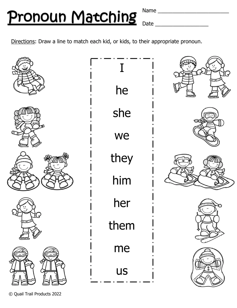 Black-and-white Pronoun Matching activity: match winter camper pictures to ten subject and object pronouns