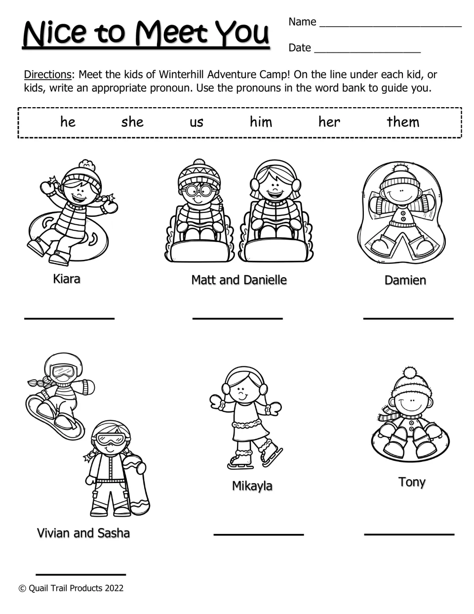 Black-and-white Nice to Meet You activity: use a six-pronoun word bank to label six named camper pictures
