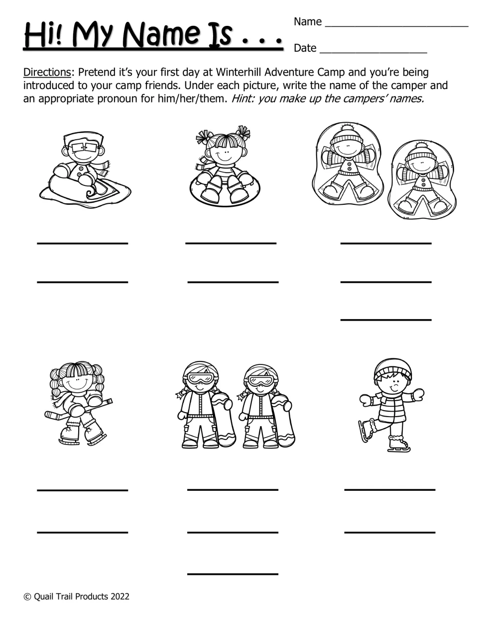 Black-and-white Hi! My Name Is activity: invent names and choose pronouns for six winter camper pictures