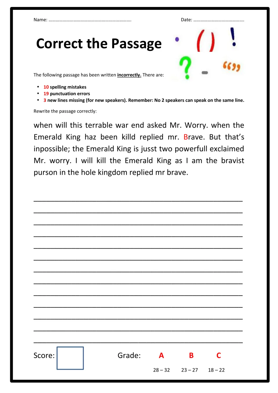 Correct the Passage: students rewrite a Mr. Worry and Mr. Brave dialogue fixing 10 spelling and 19 punctuation errors