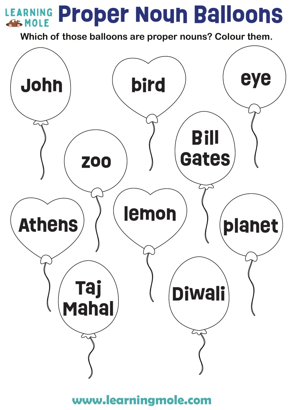 Proper vs common nouns: students colour only the balloons with proper nouns, such as Athens, among words like zoo and lemon
