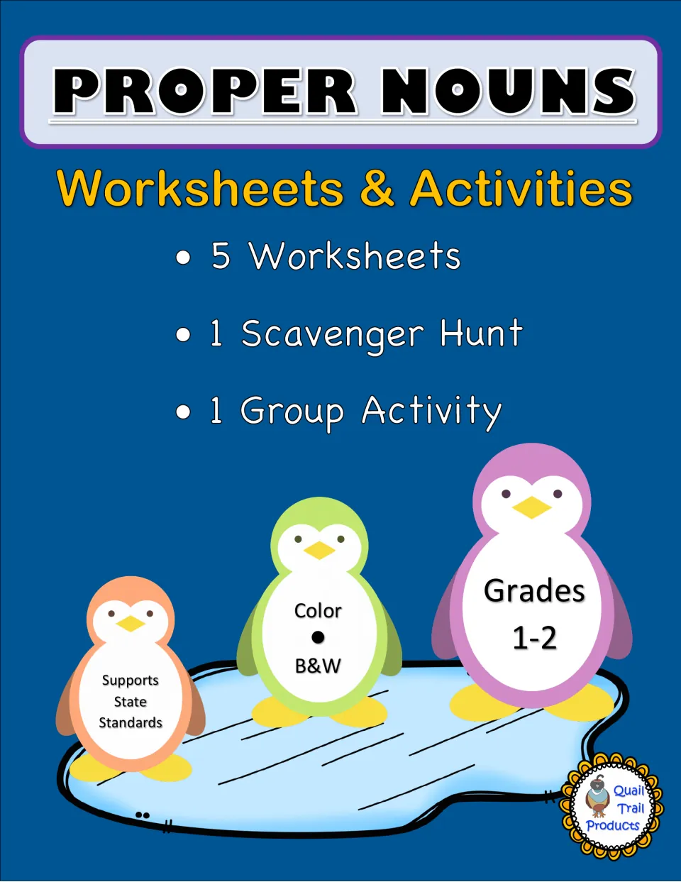 Proper Nouns cover: 5 worksheets, 1 scavenger hunt and 1 group activity, with cartoon penguins standing on ice
