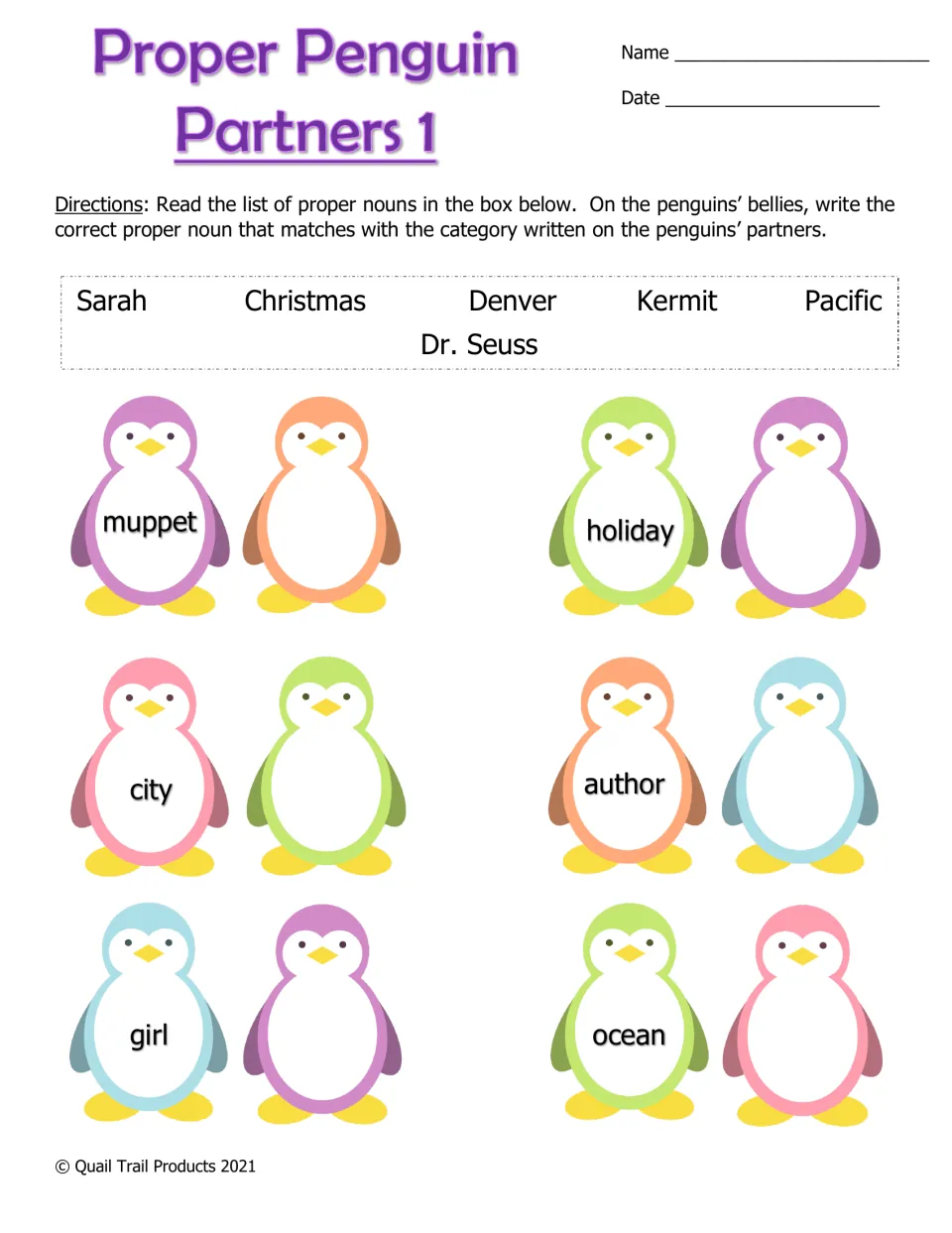 Proper Penguin Partners 1: students write Sarah, Denver, Kermit or Dr. Seuss beside category penguins like girl and city