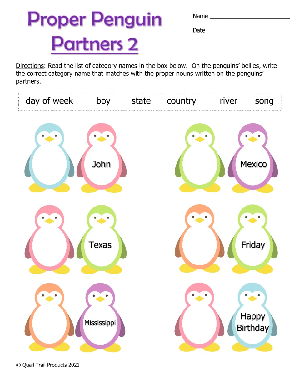 Proper Penguin Partners 2: students label John, Texas, Mexico and Friday with categories such as boy, state and country
