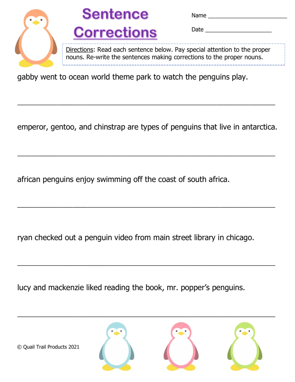 Sentence corrections: students rewrite five penguin sentences, capitalizing names like gabby, antarctica and chicago