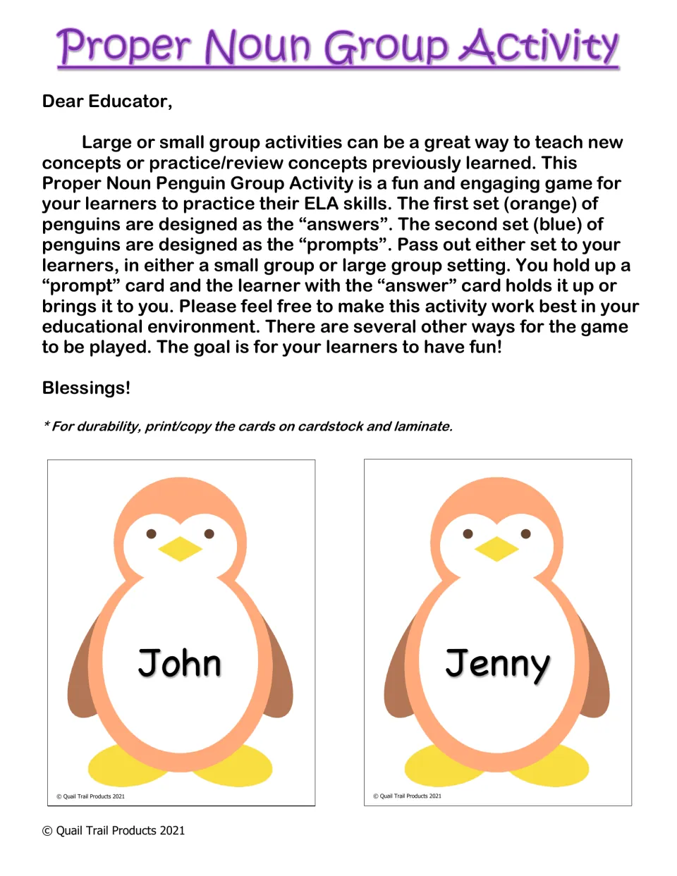 Proper noun group activity: teacher directions for matching orange answer and blue prompt cards, with John and Jenny cards