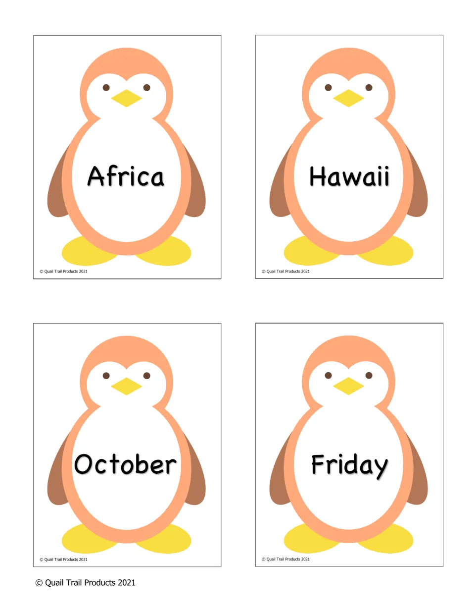 Orange answer cards for the proper noun group game: penguins labeled Africa, Hawaii, October and Friday