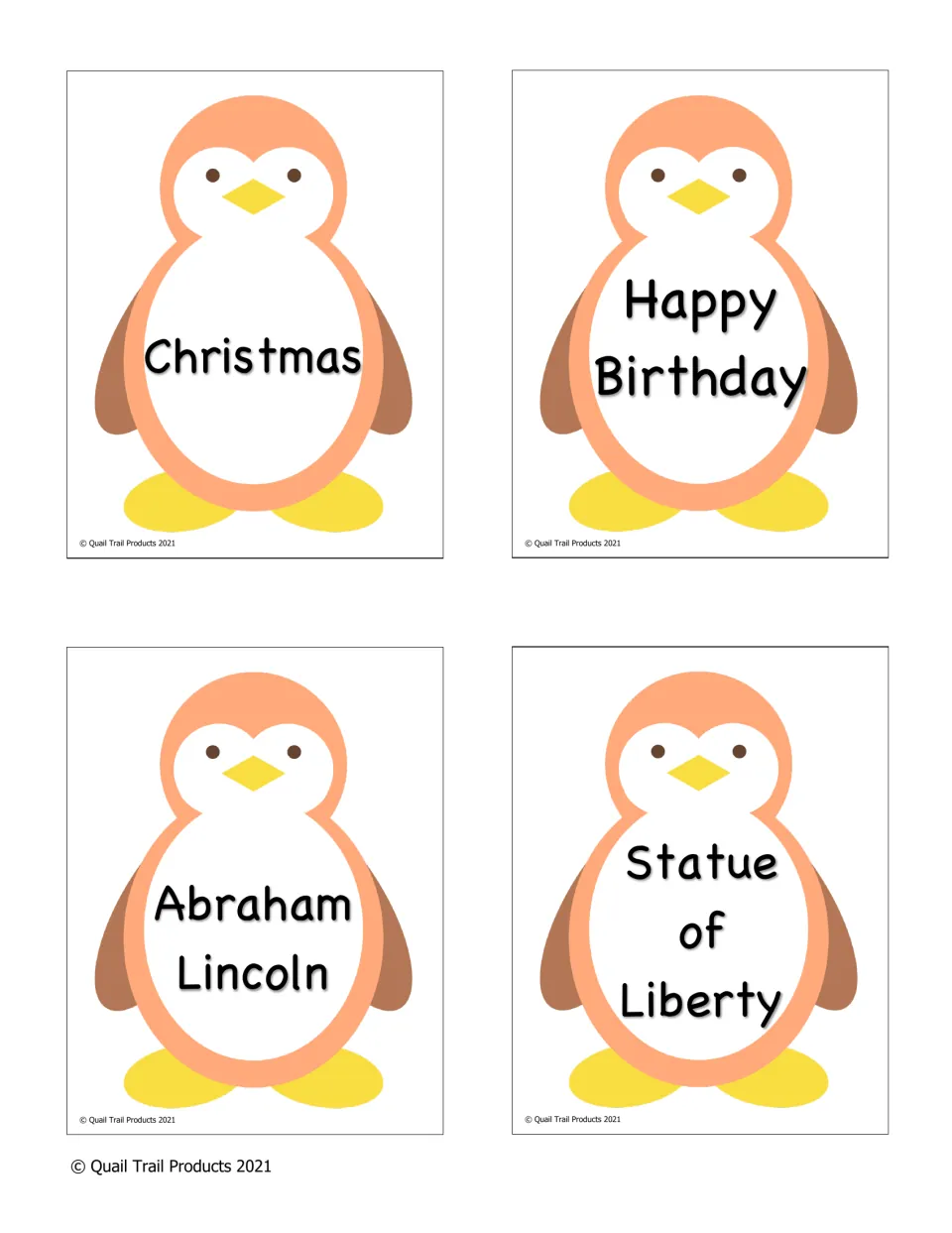 More orange answer cards: penguins labeled Christmas, Happy Birthday, Abraham Lincoln and Statue of Liberty