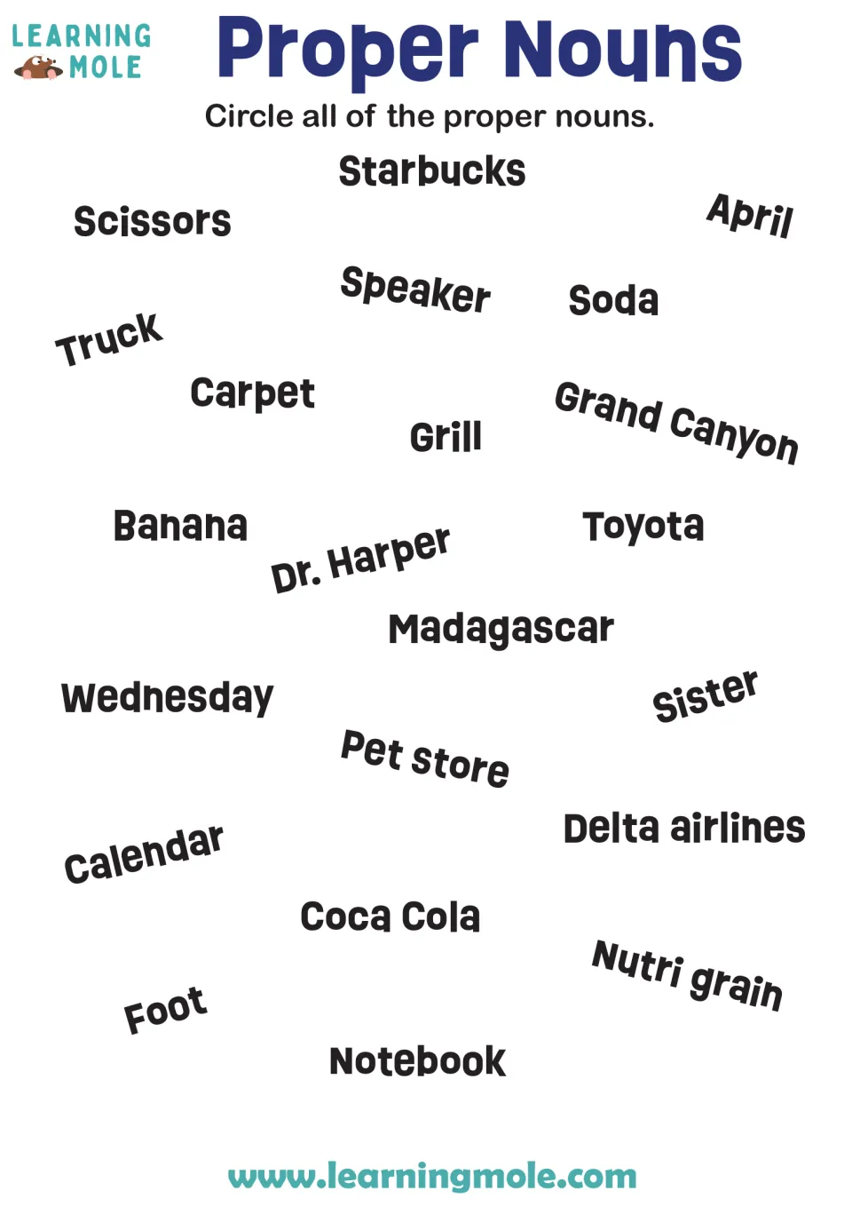 Proper nouns: students circle names such as Starbucks, April, Dr. Harper and Madagascar among 22 common and proper nouns