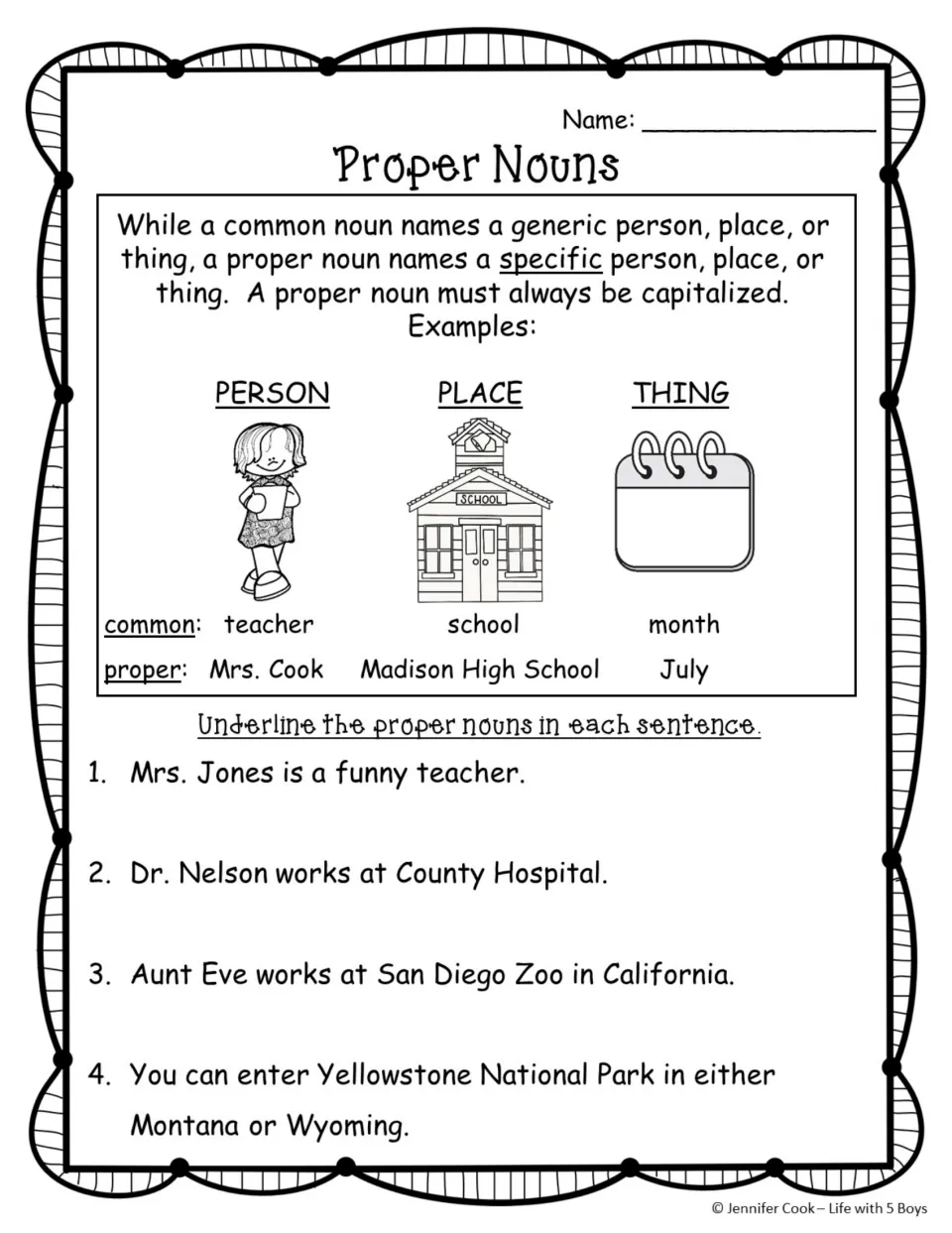 Proper nouns practice: definitions, person, place, and thing examples, and sentences 1–4 to underline