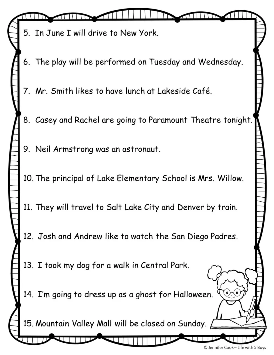 Proper noun practice sentences 5–15 include June, New York, Neil Armstrong, Central Park, and Halloween