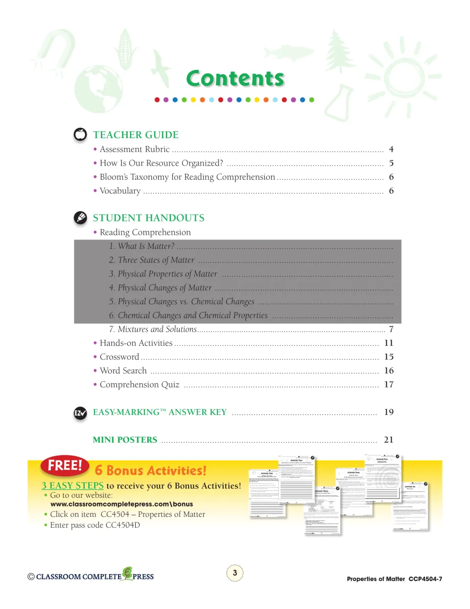 Contents listing teacher guide, reading section 7 on mixtures and solutions, crossword, word search, quiz and mini posters