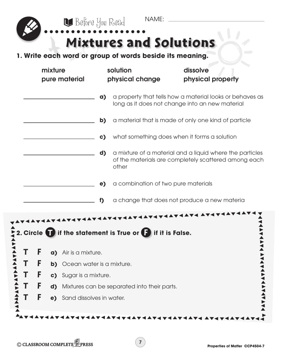Mixtures and solutions pre-reading: students match six terms like dissolve to their meanings, then circle true or false