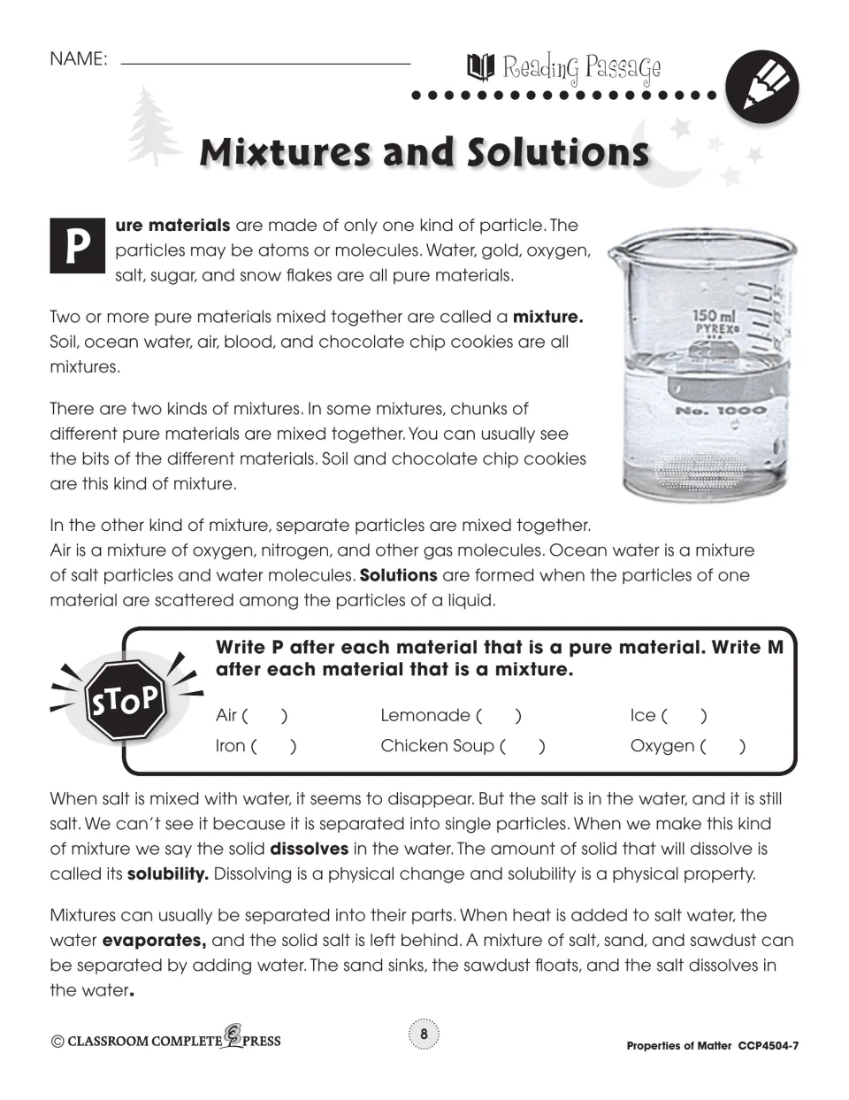 Reading passage on pure materials, mixtures, solutions and solubility; students mark air, iron, ice and lemonade as P or M