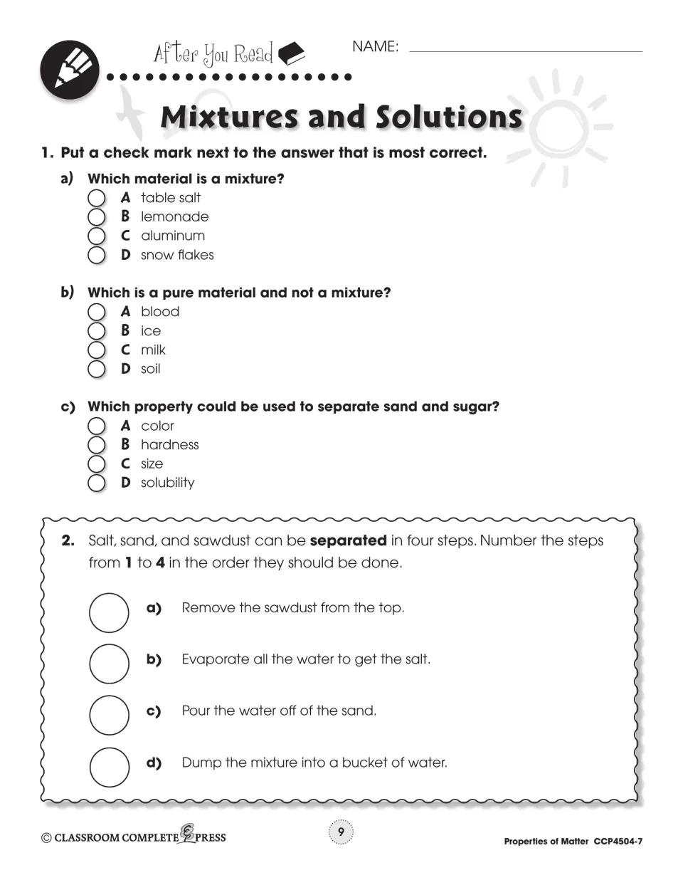 Mixtures check: students answer three multiple-choice items, then sequence four steps to separate salt, sand and sawdust