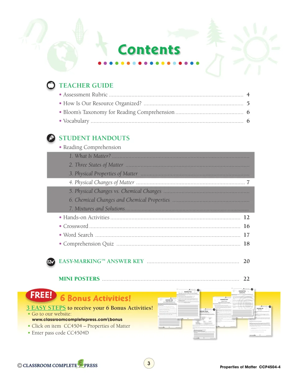 Table of contents: teacher guide, reading passage, hands-on activities, puzzles, quiz, answer key and mini posters