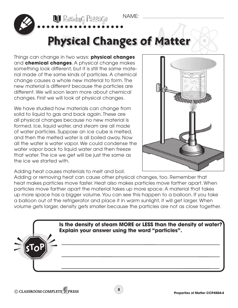 Reading part 1: physical vs. chemical change and heat's effect on density, with a STOP question about steam