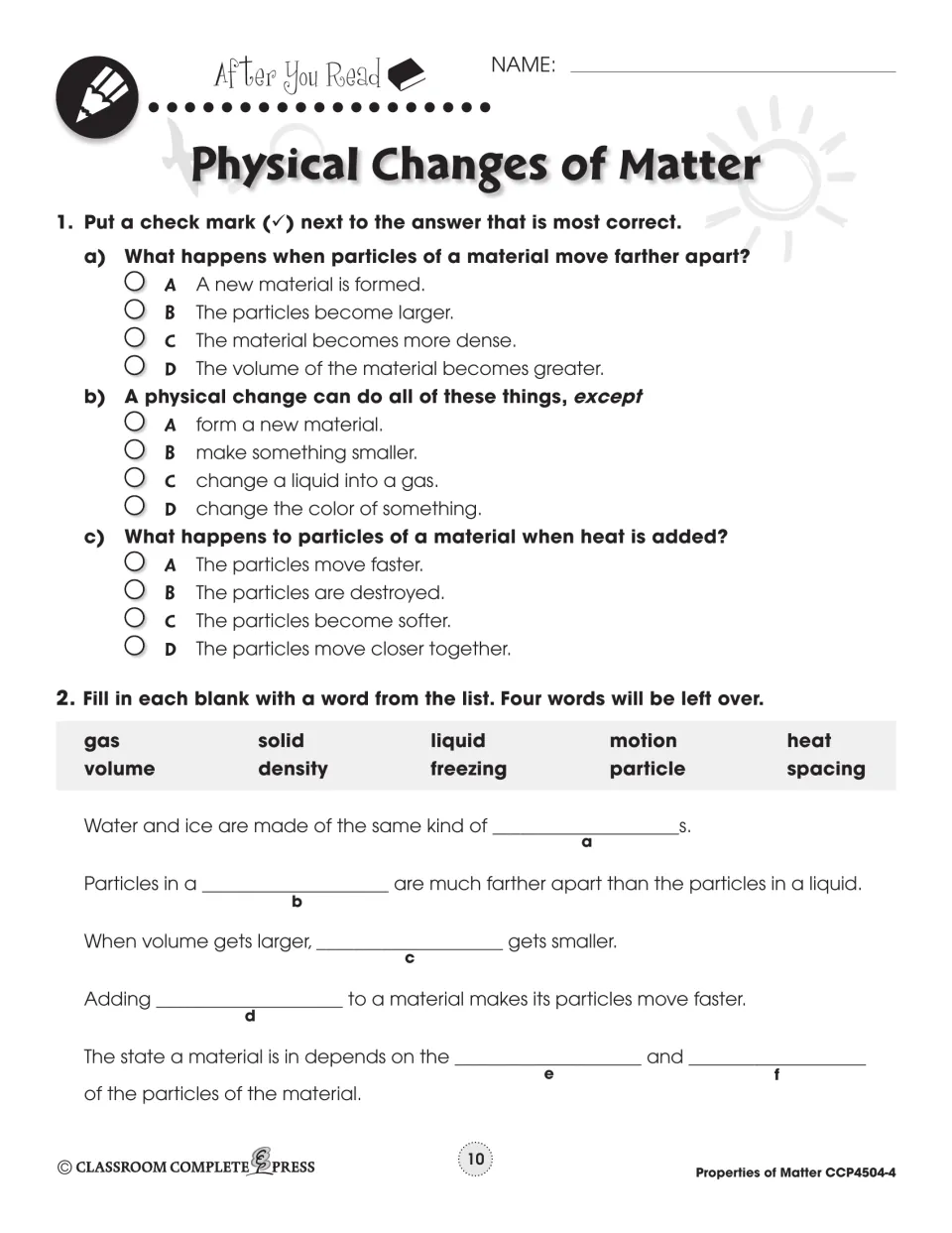 After You Read: 3 multiple-choice questions on particles and heat, then fill in blanks from a 10-word bank