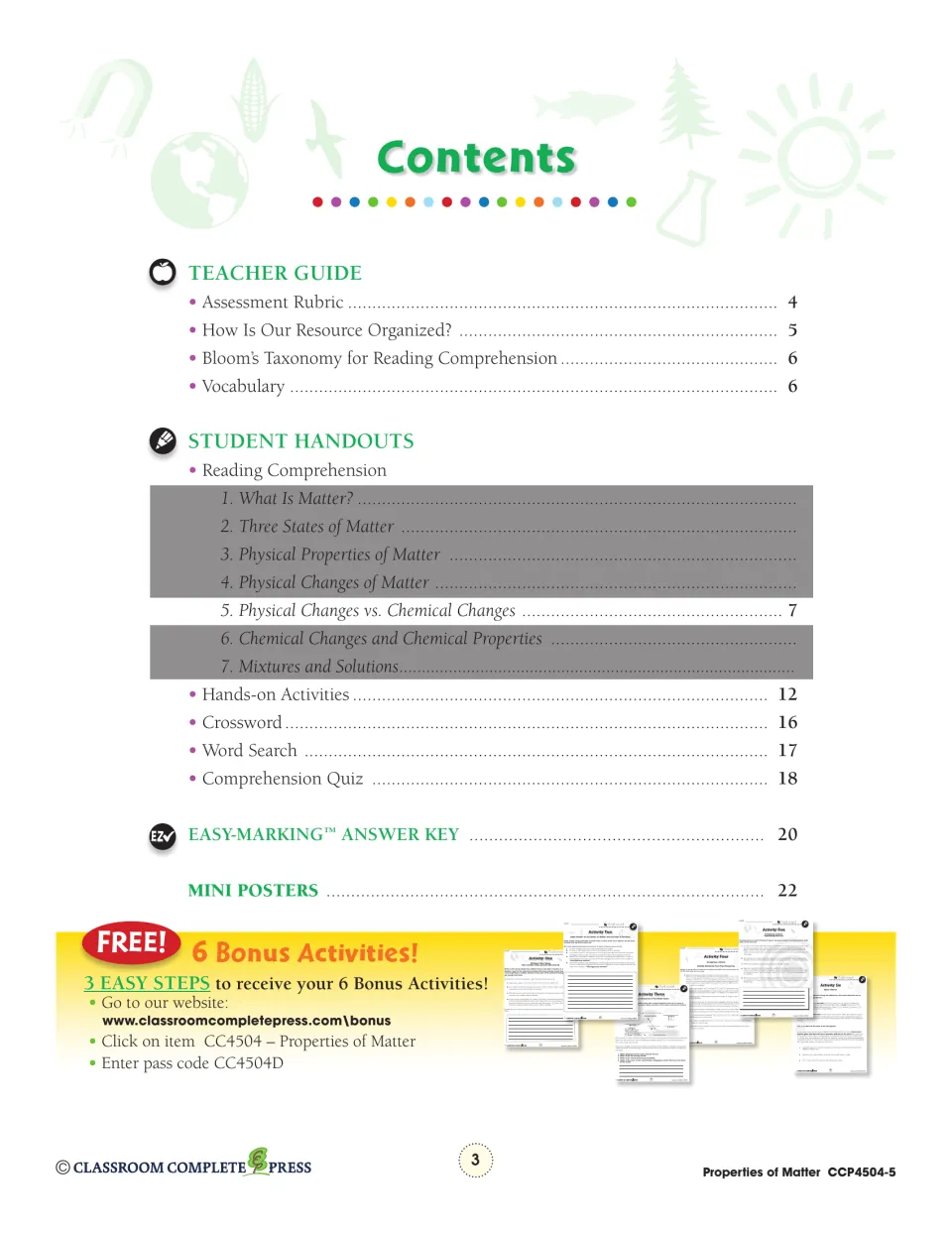 Contents identifies the selected chapter, teacher guide, hands-on activities, quiz, answer key, and mini posters