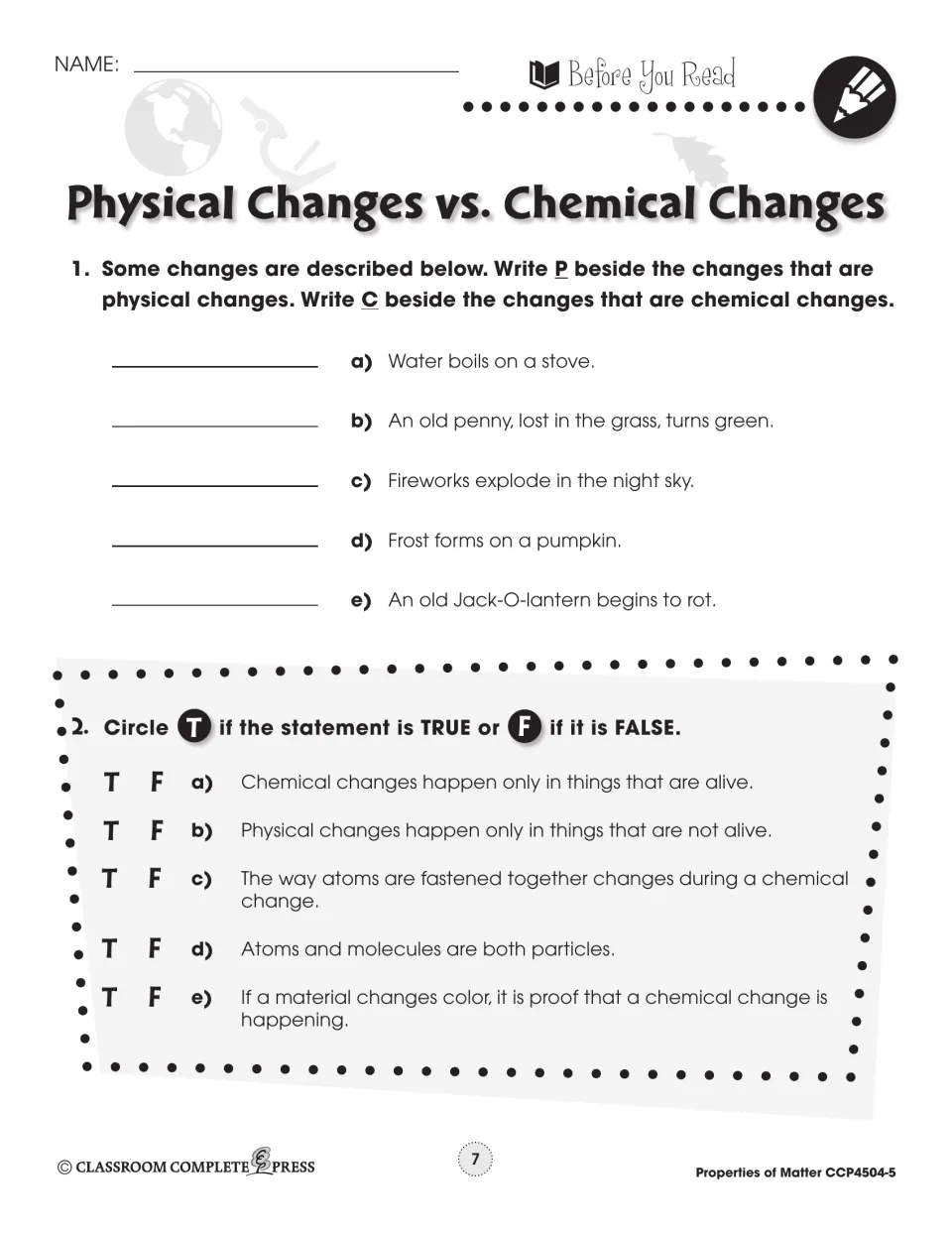 Before-reading activity asks students to classify five changes and judge five statements about matter