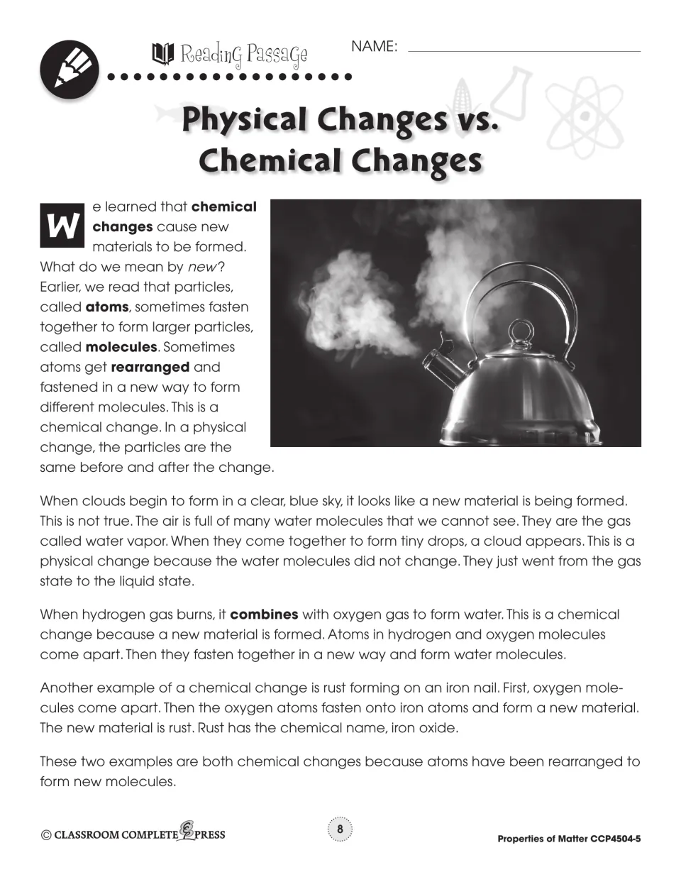 Reading passage introduces atoms and molecules, comparing cloud formation, hydrogen burning, and rusting