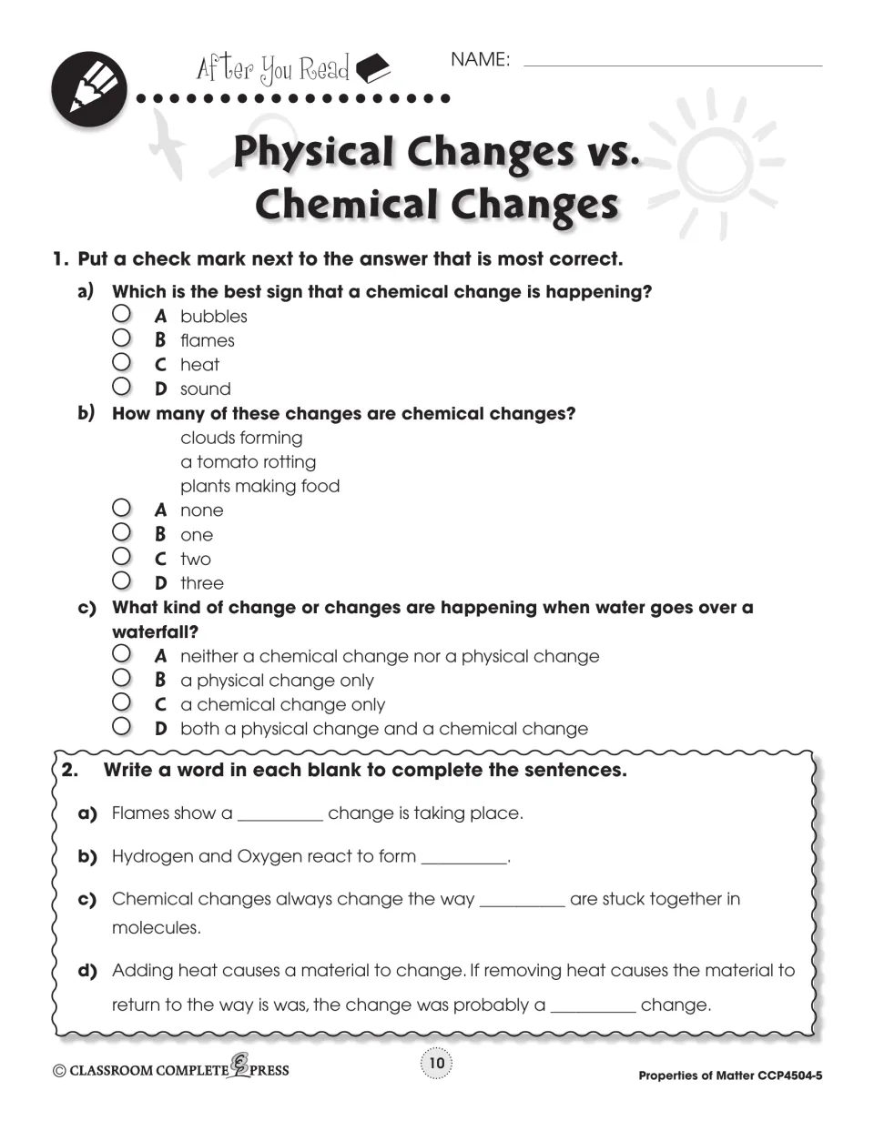After-reading practice uses three multiple-choice and four fill-in questions about physical and chemical changes