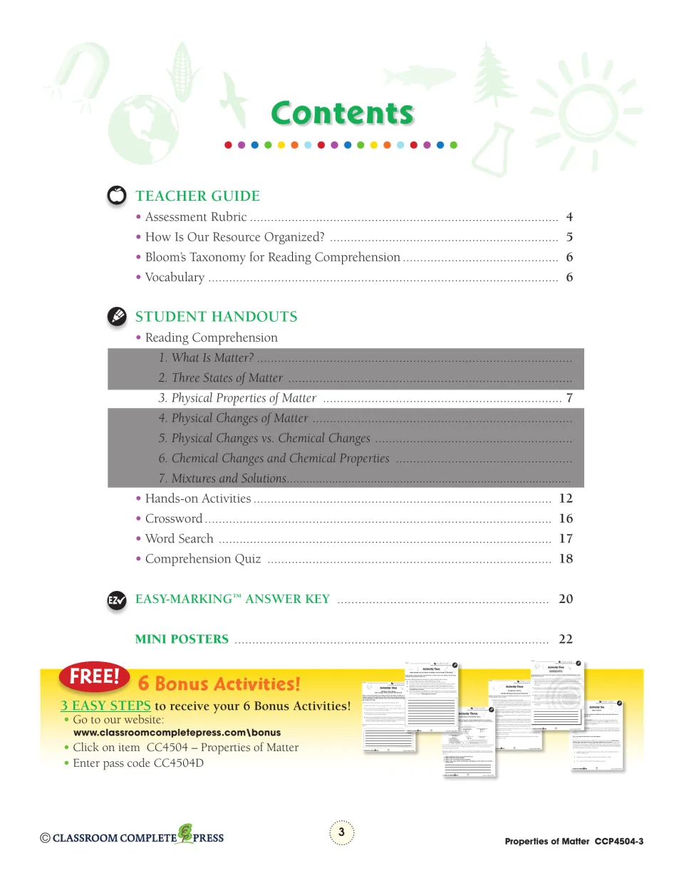 Contents lists teacher guidance, the physical properties chapter, activities, a quiz, answers, and posters